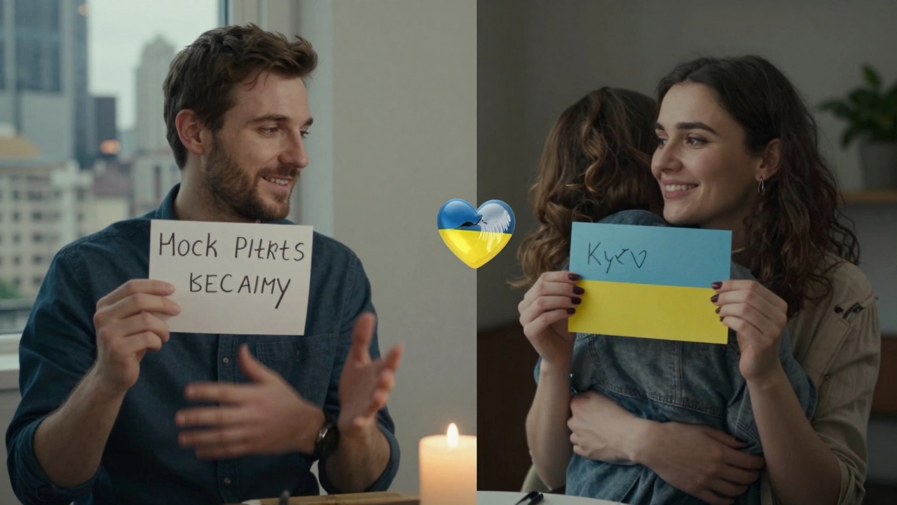 A man in Chicago and a woman in Kyiv exchange handwritten notes in broken English and Ukrainian during a video call.