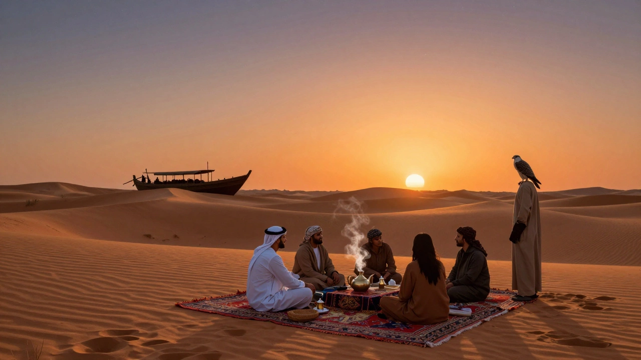 A quiet desert sunset with a Bedouin tea service and falcon under a starry sky, symbolizing authentic Dubai experiences.