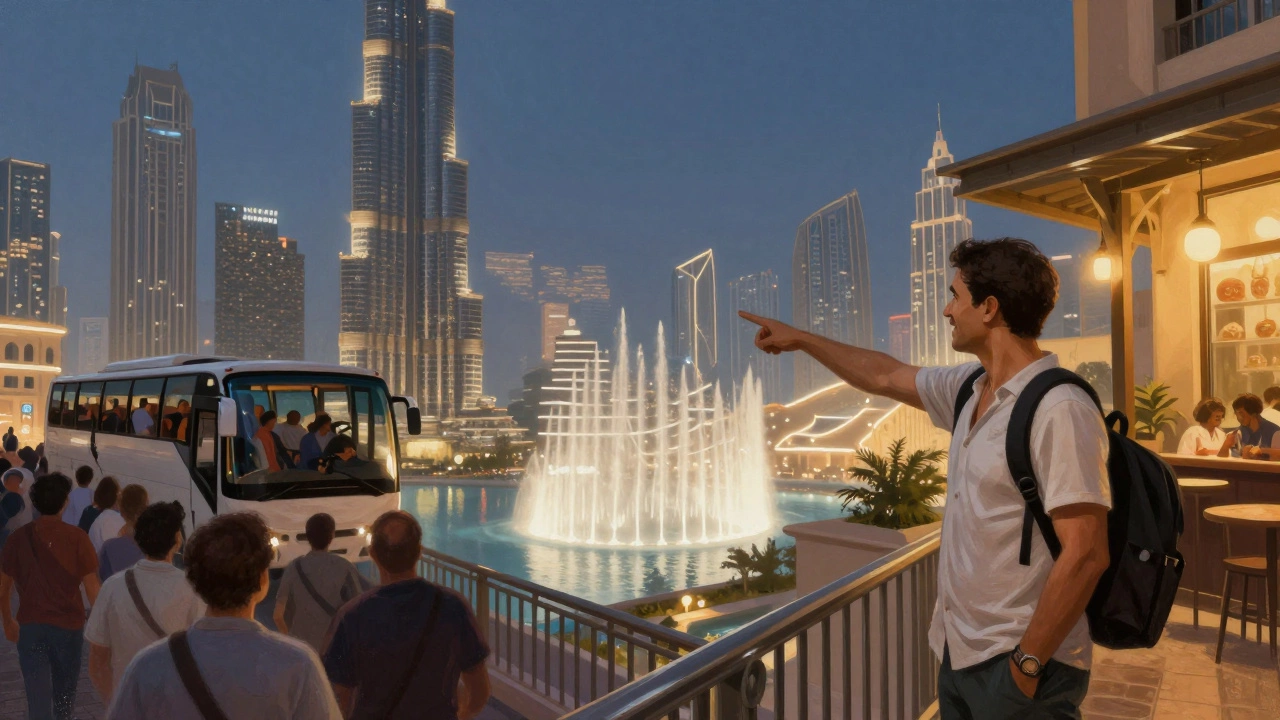 A traveler and guide enjoy a hidden rooftop view of the Dubai Fountain, contrasting crowded tours with personal discovery.