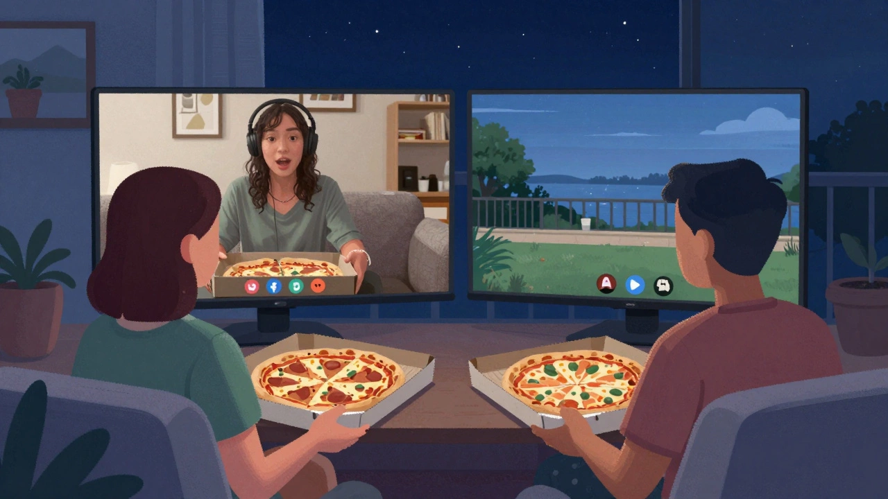 Two people in Australia and South Africa watch a movie together on a split-screen video call, each holding a pizza box.